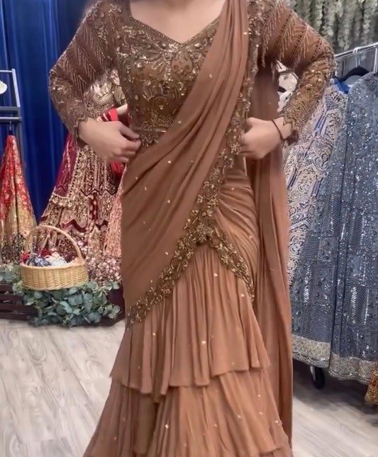 Beads work brown Lehega saree