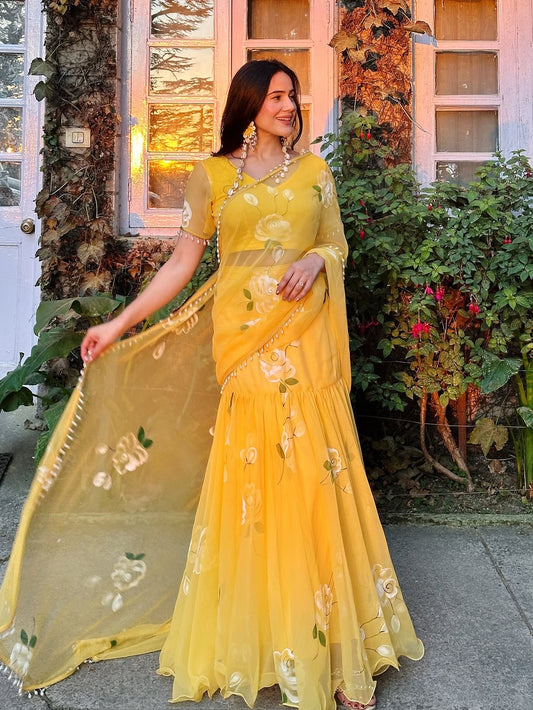 Rose Yellow Fish cut lehenga saree with pearl work border
