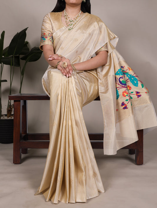 Perfect for pujas, and celebrations – this tissue silk saree drapes like a dream and dazzles like gold ✨