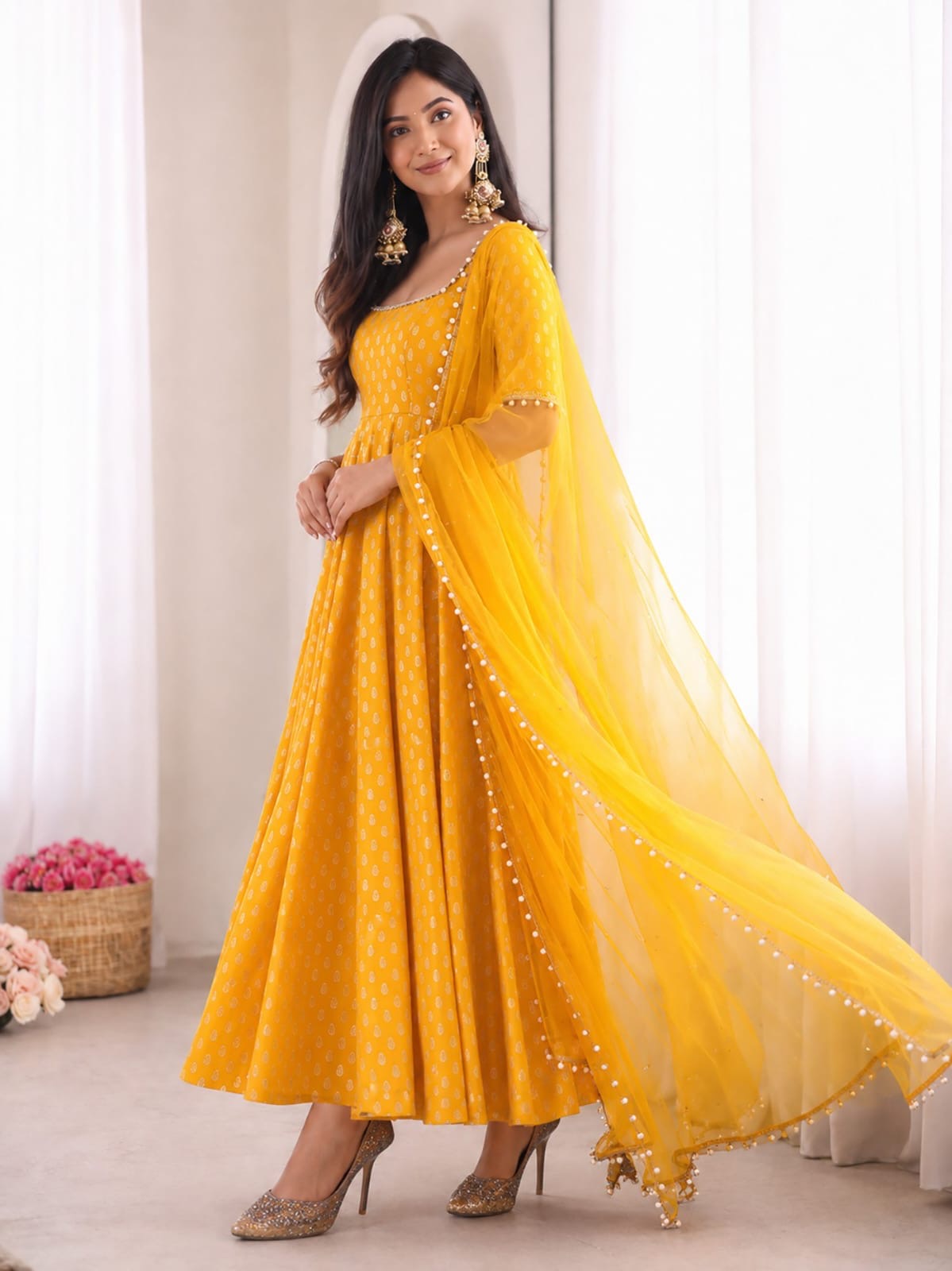 Chanderi Jacquard Butti Anarkali Kurta Set With Pant & Dupatta (Yellow)