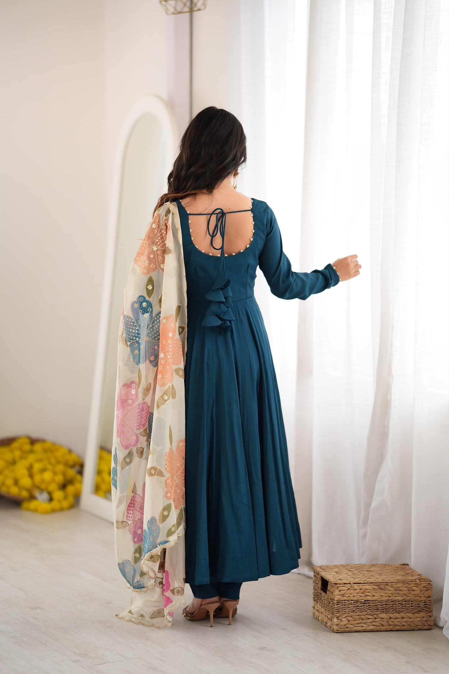 Teal Blue Roman Anarkali Suit with Position Print Organza Dupatta
