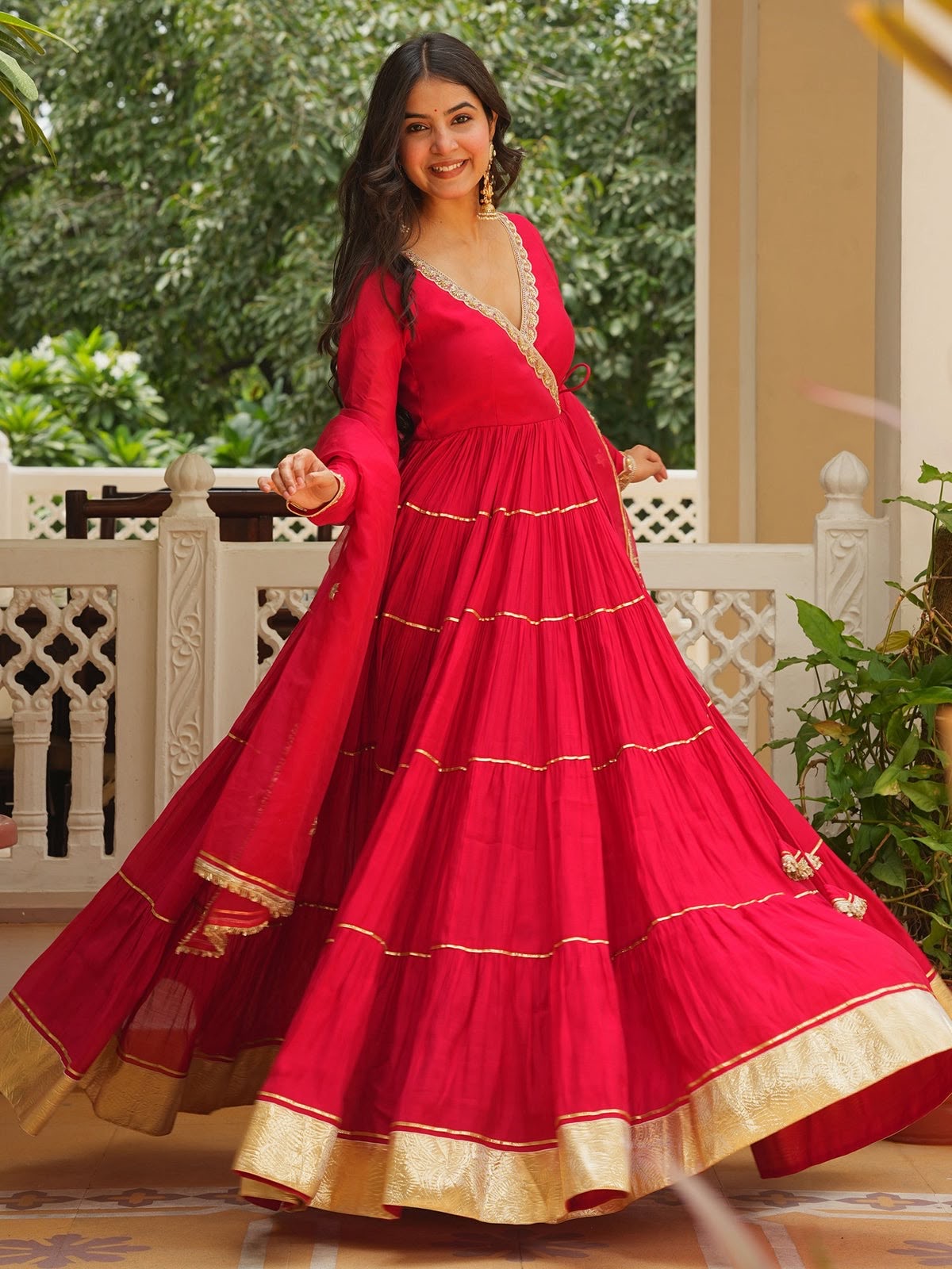 Red Beads Work Anarkali Suite