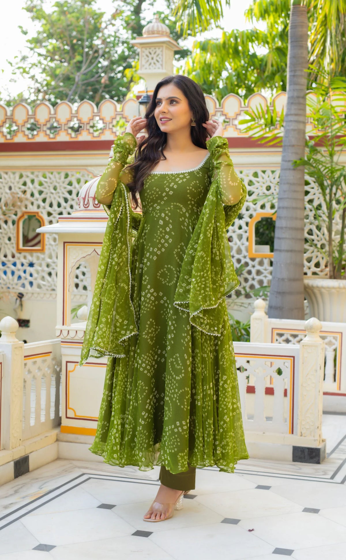 Green Bandhej Anarkali Suite Set For Women
