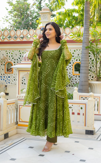 Green Bandhej Anarkali Suite Set For Women