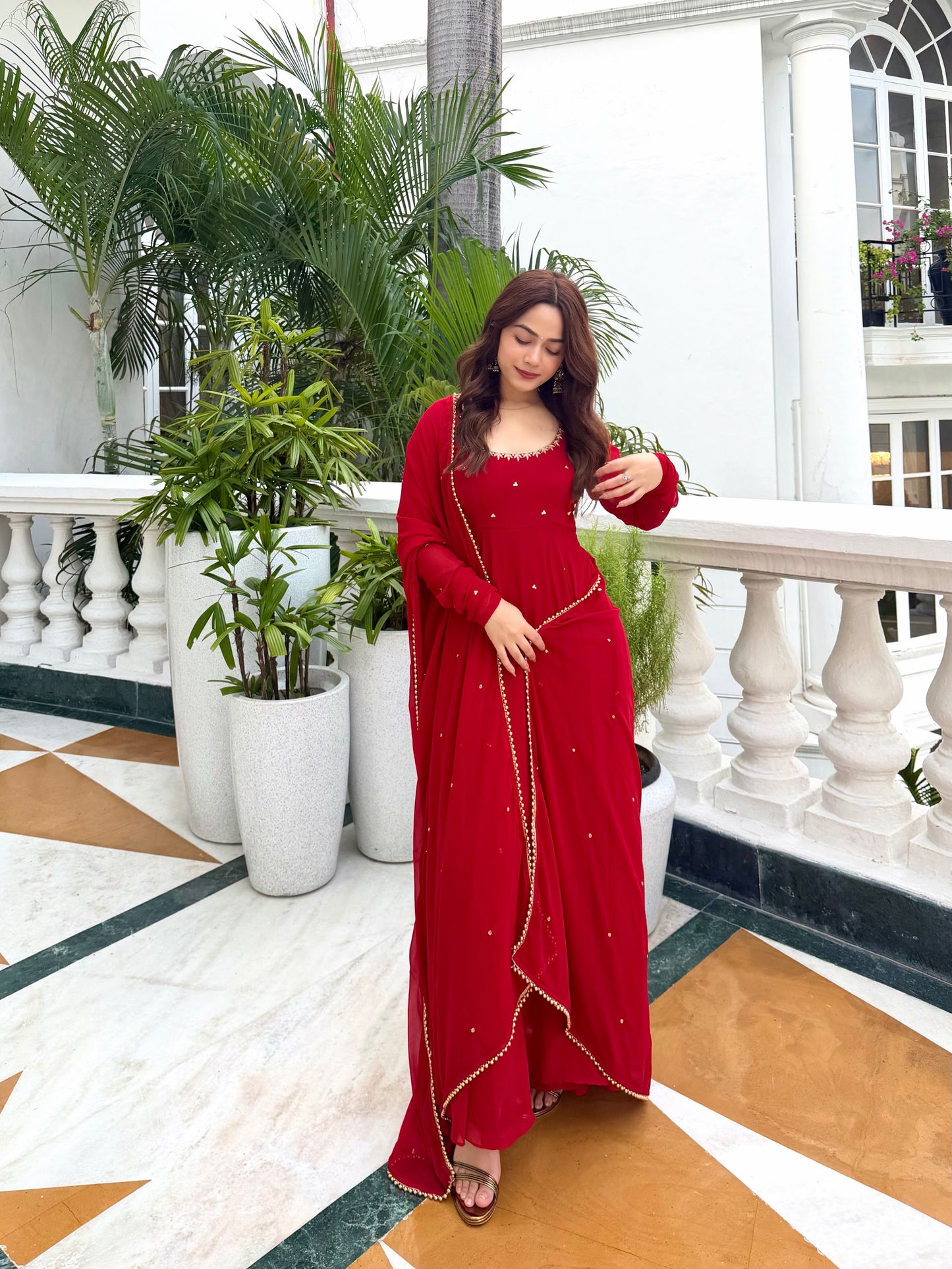 Red long Anarkali Tree piece kurta Set