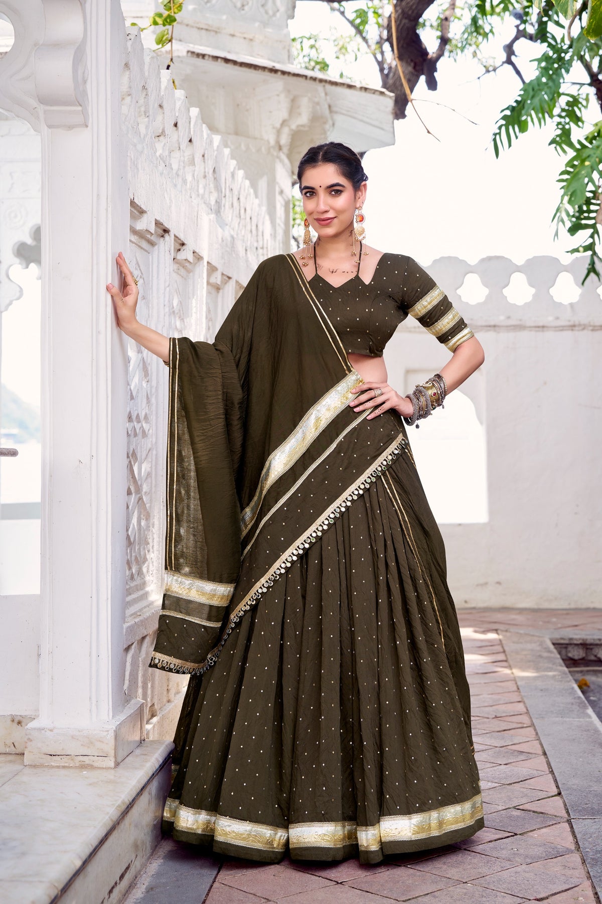 Fully stitched Olive green Chanderi lehenga choli
