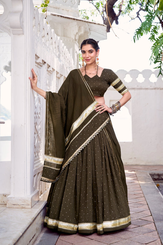 Fully stitched Olive green Chanderi lehenga choli