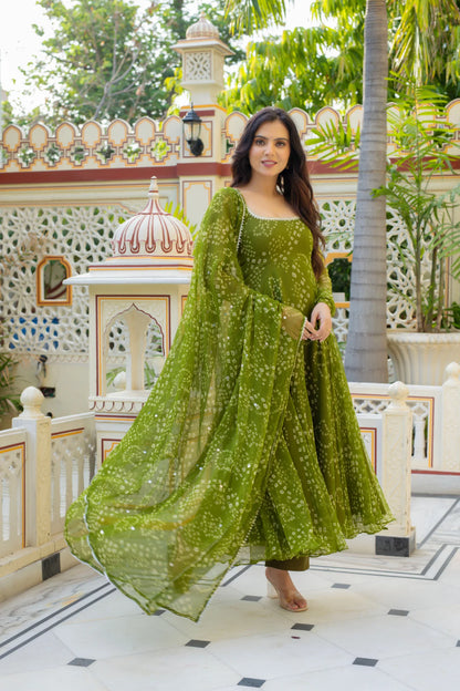 Green Bandhej Anarkali Suite Set For Women