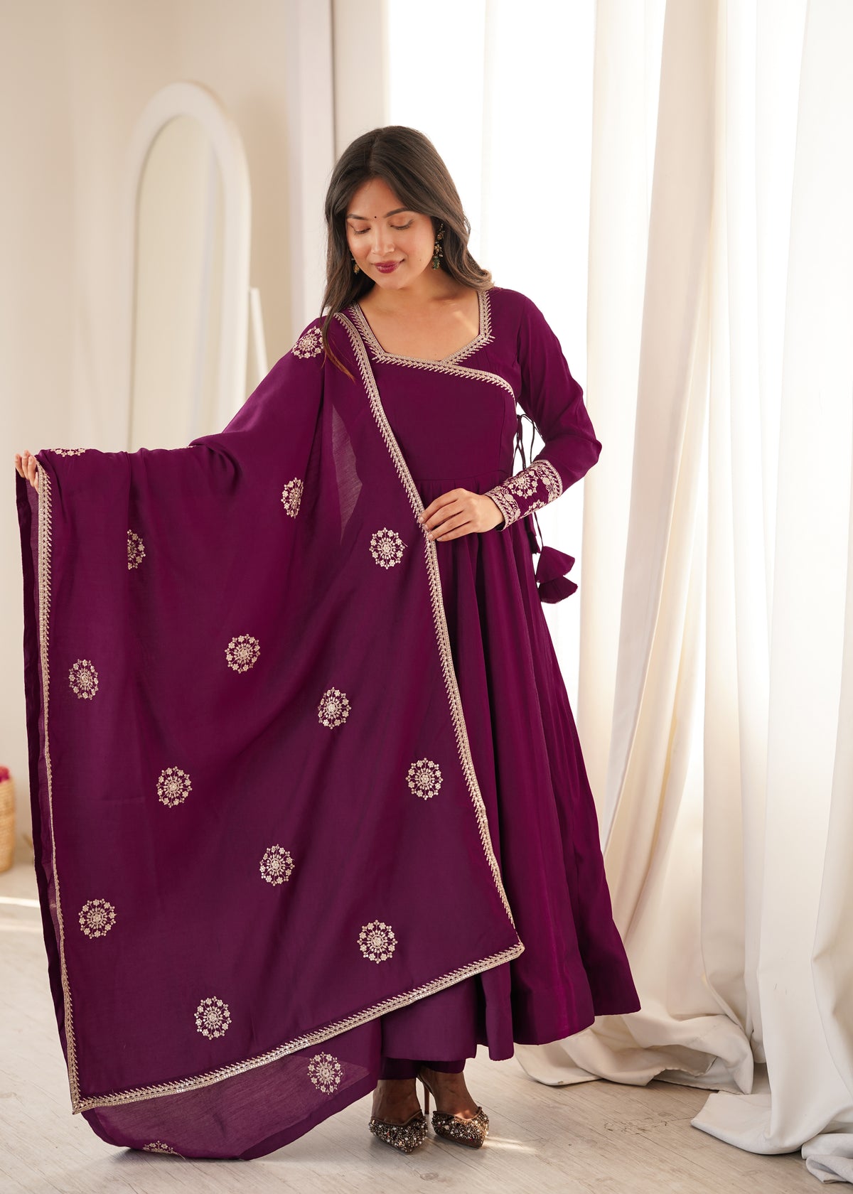 Rich wine-colored Chanderi silk Anarkali For Women's