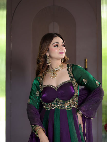 Striking purple and emerald green Anarkali