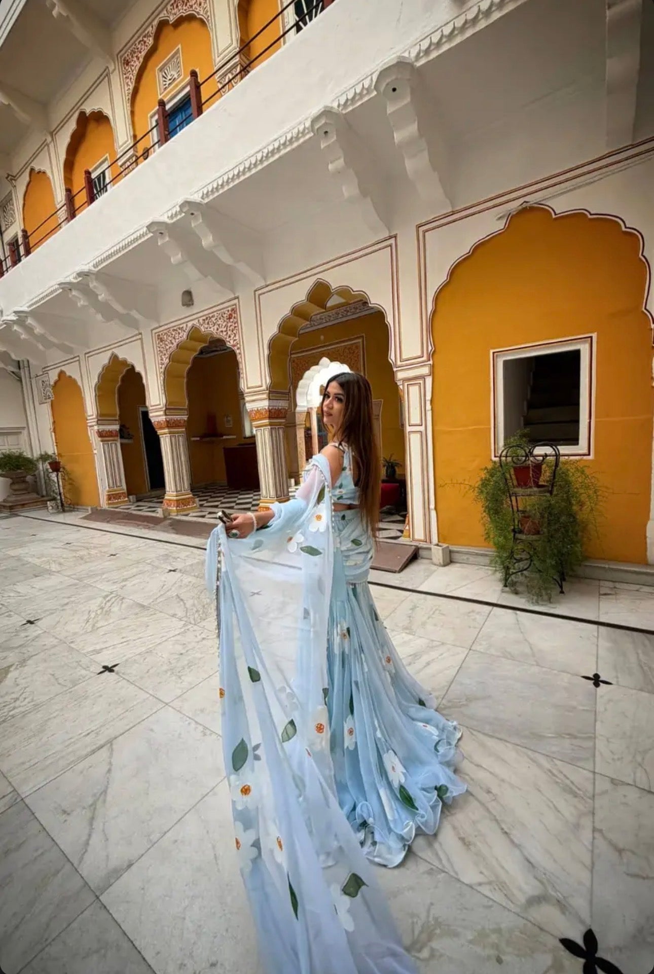 Floral Sky blue Fish cut lehenga saree with pearls work border