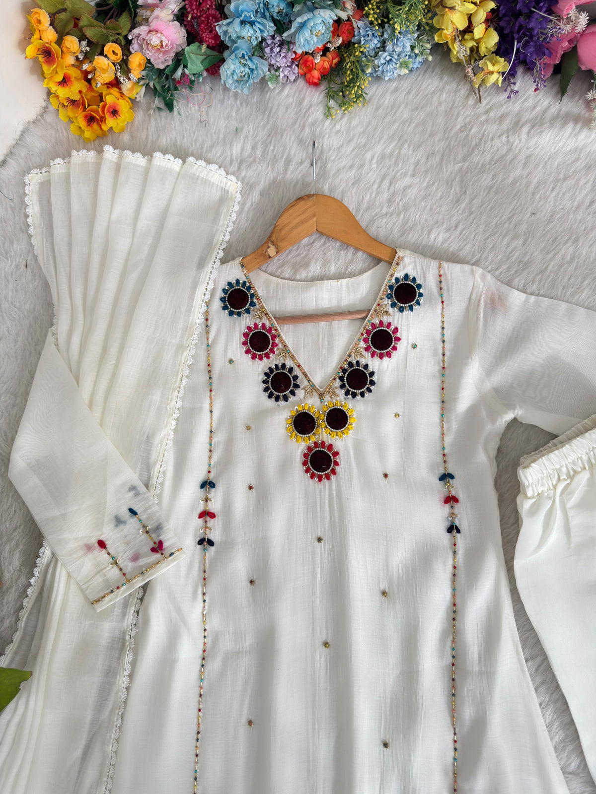 White Chanderi Hand Work Suite For Women