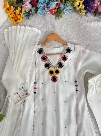 White Chanderi Hand Work Suite For Women