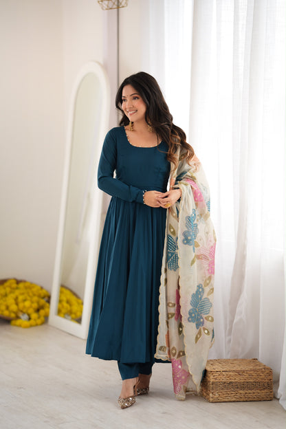 Teal Blue Roman Anarkali Suit with Position Print Organza Dupatta