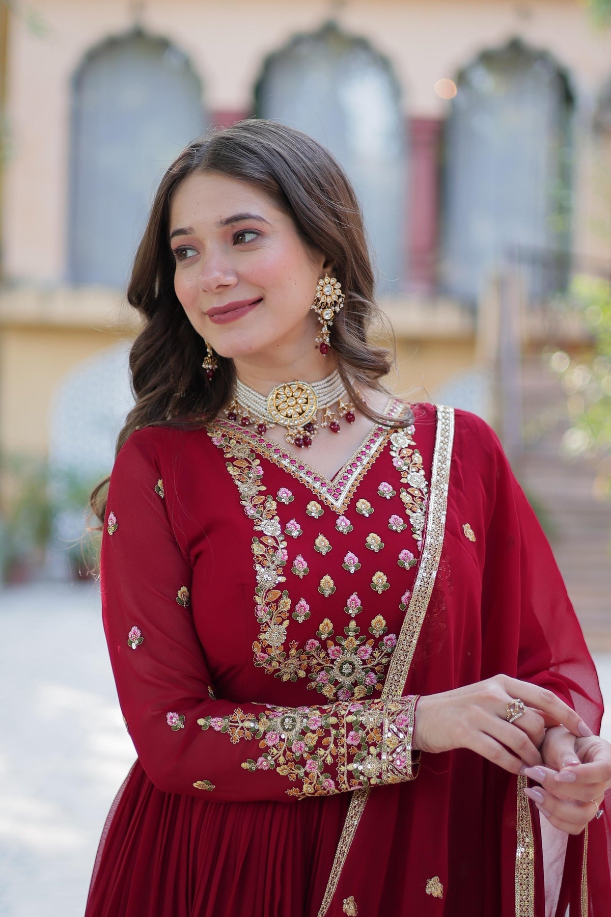 Maroon embroidered V-neck fit and flare maxi ethnic dress with a matching dupatta