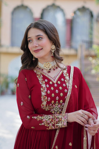 Maroon embroidered V-neck fit and flare maxi ethnic dress with a matching dupatta