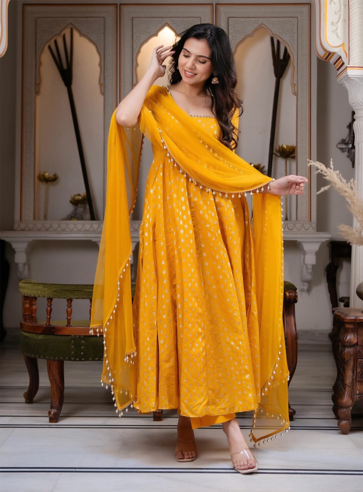 Chanderi Jacquard Butti Anarkali Kurta Set With Pant & Dupatta (Yellow)