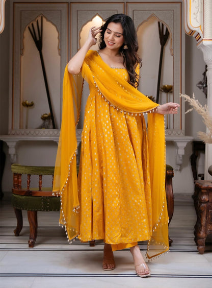 Chanderi Jacquard Butti Anarkali Kurta Set With Pant & Dupatta (Yellow)