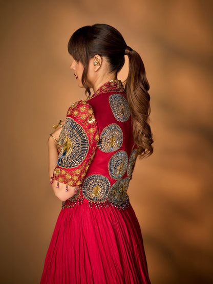 Red Mor Pankh Crop Blazer Skirt