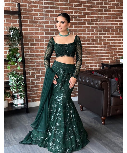 Green Fish Cut Lehenga saree