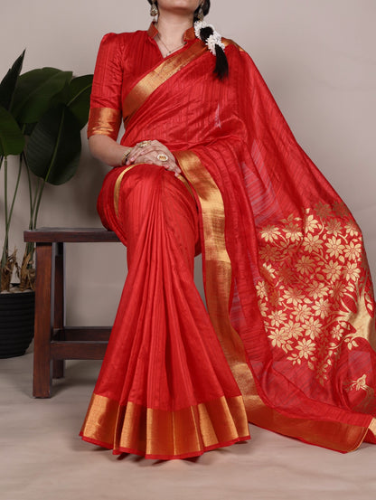 Dressing up for Onam in a raw silk saree that reflects the beauty of Kerala traditions and celebrations.