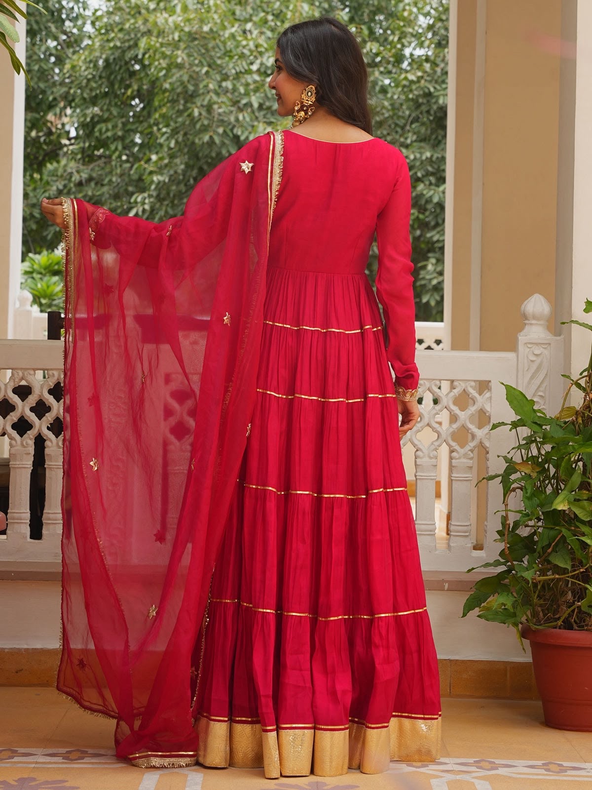 Red Beads Work Anarkali Suite