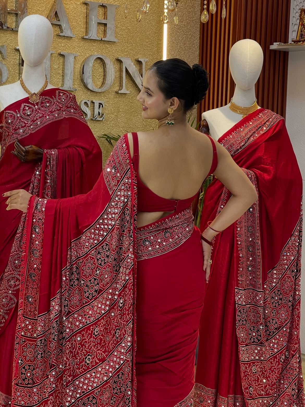 Red Real mirror Work Saree/Karva choth Special