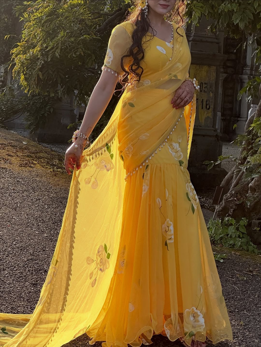 Rose Yellow Fish cut lehenga saree with pearl work border