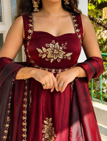 Maroon Embroidered Anarkali Suit Set