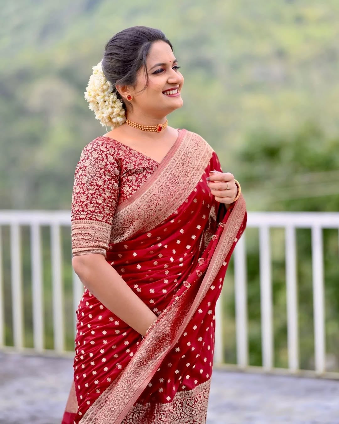 Red banarasi soft silk saree with vel design blouse piece