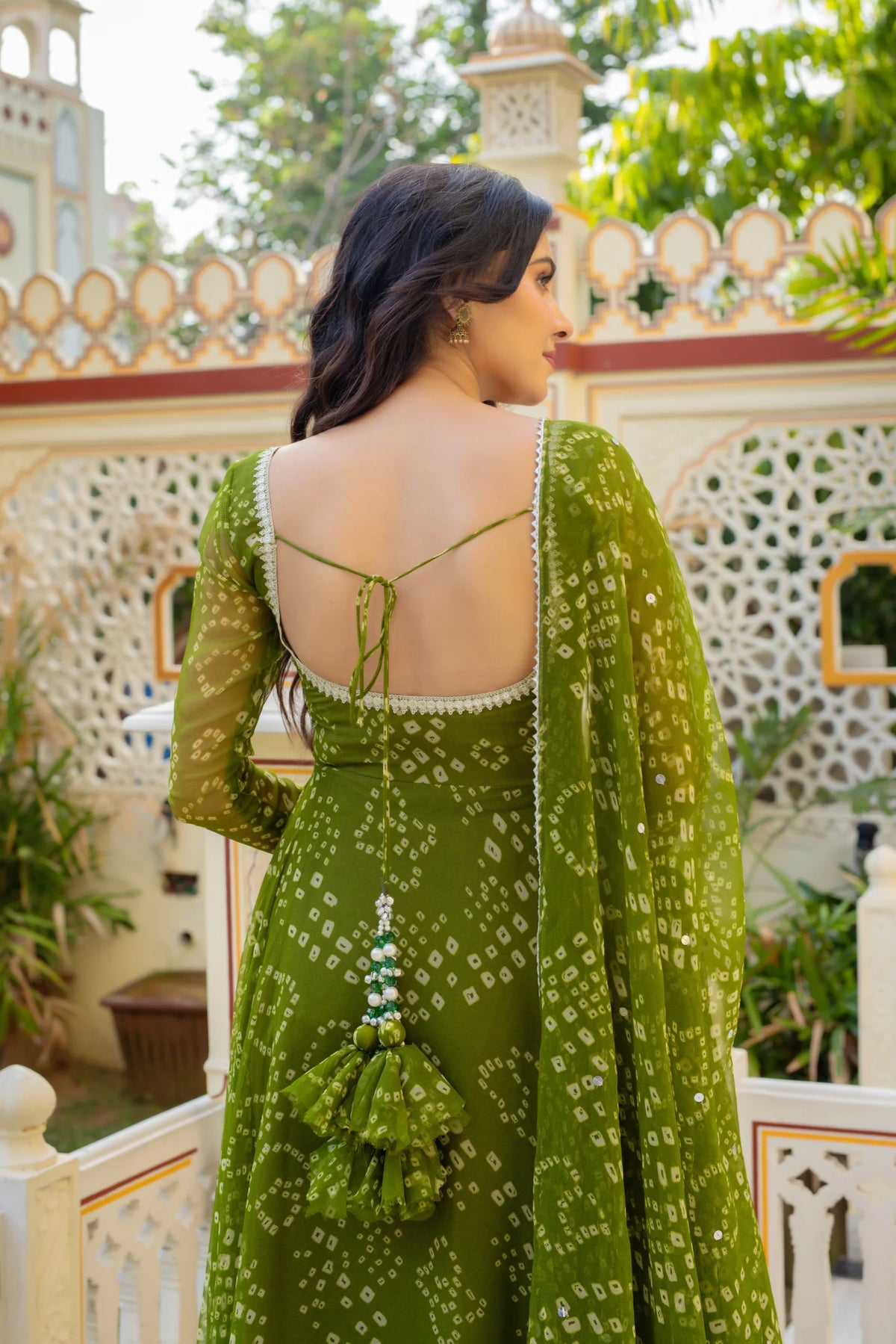 Green Bandhej Anarkali Suite Set For Women