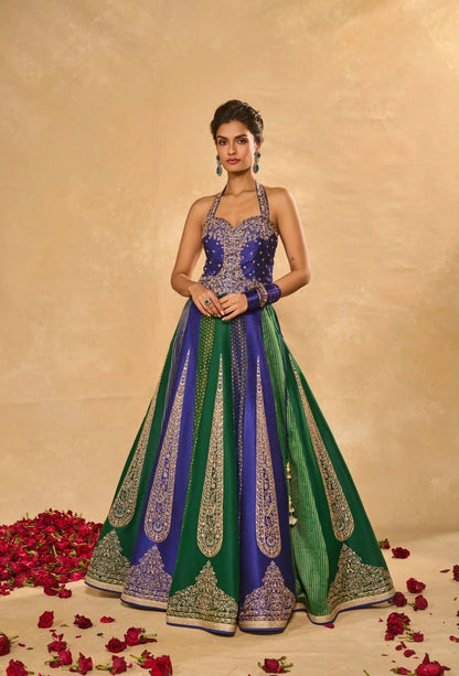 Blue and Green colour fully stitched Women's Indo Western
