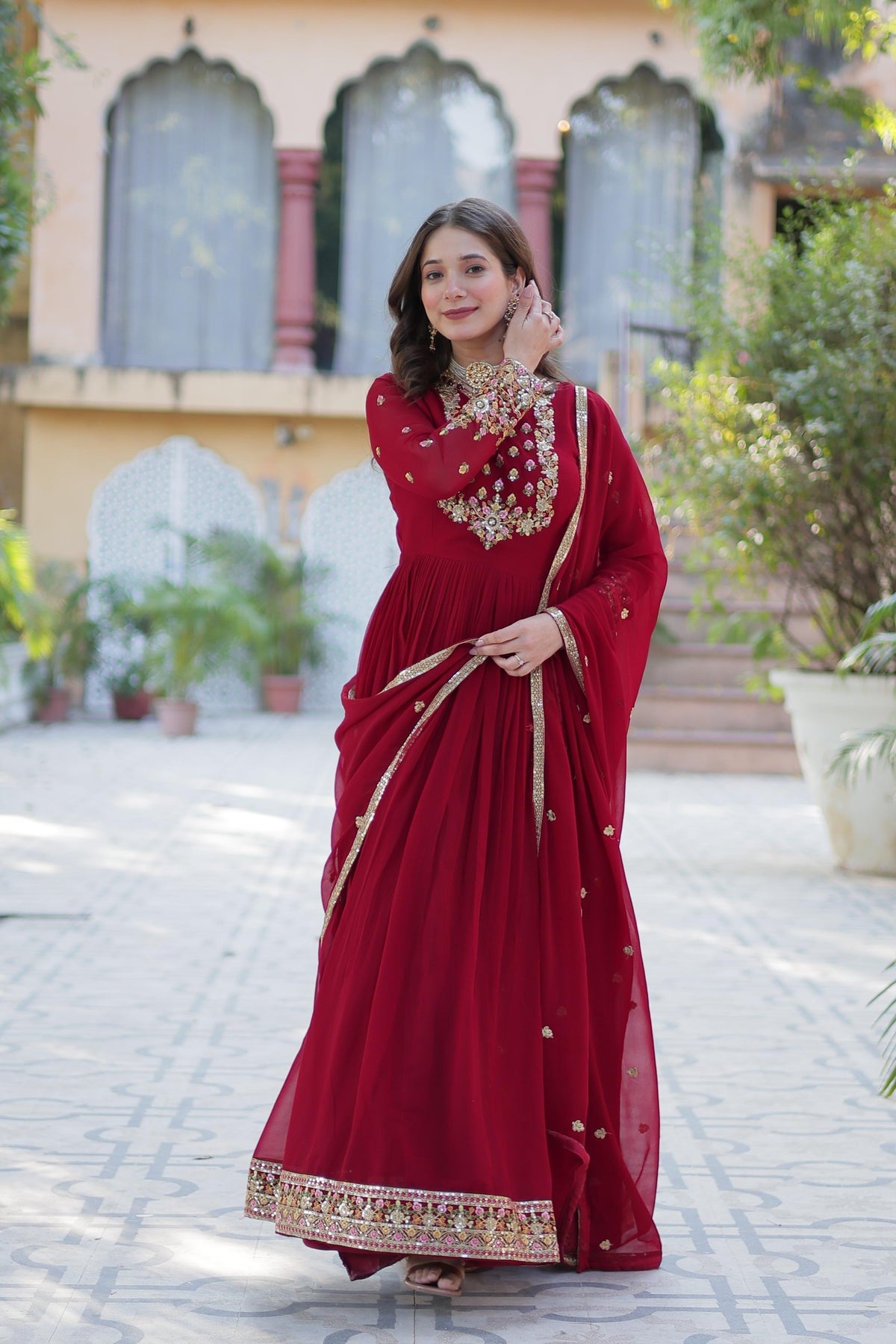 Maroon embroidered V-neck fit and flare maxi ethnic dress with a matching dupatta