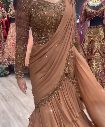 Beads work brown Lehega saree