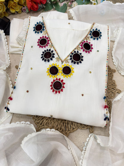 White Chanderi Hand Work Suite For Women