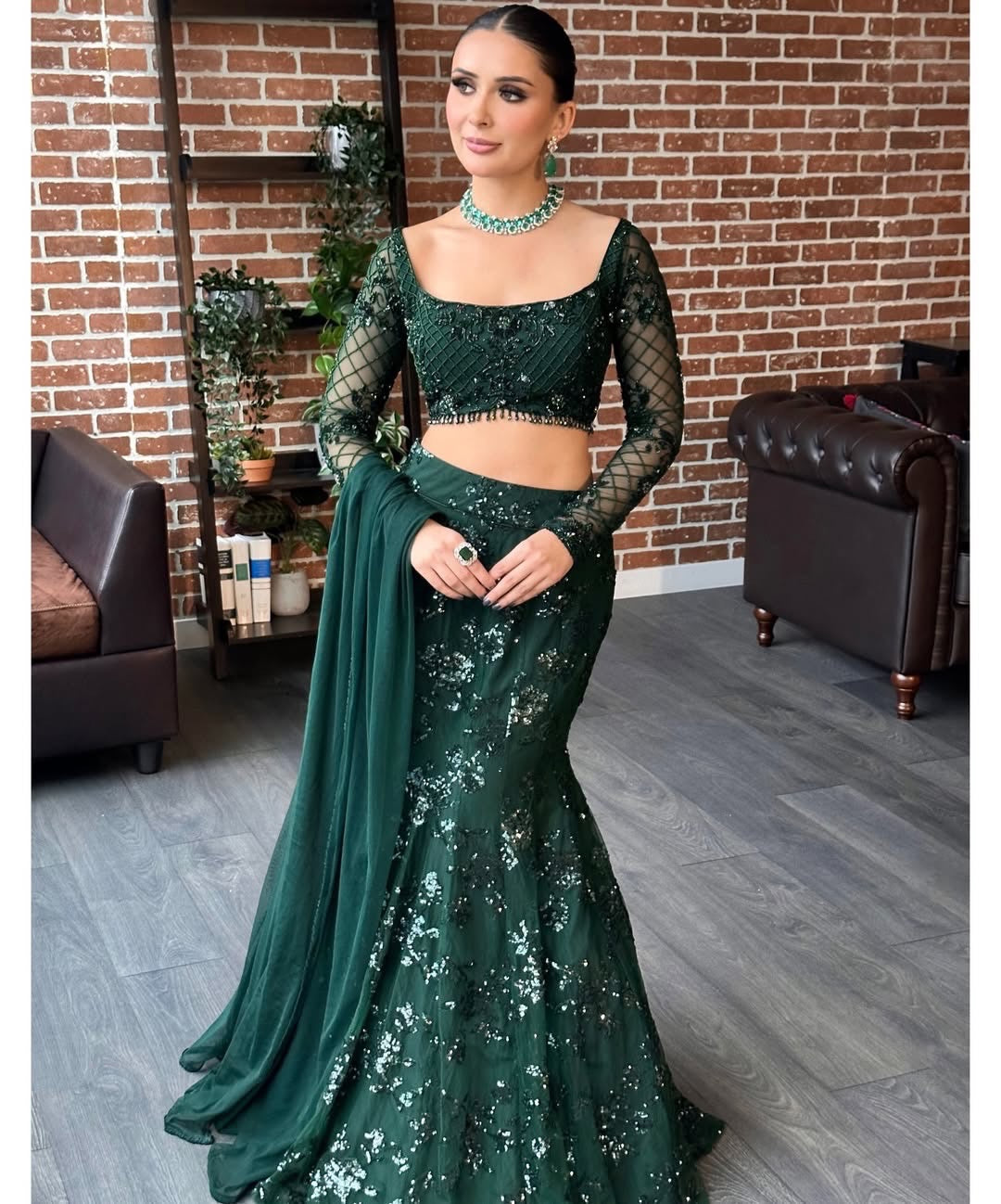 Green Fish Cut Lehenga saree