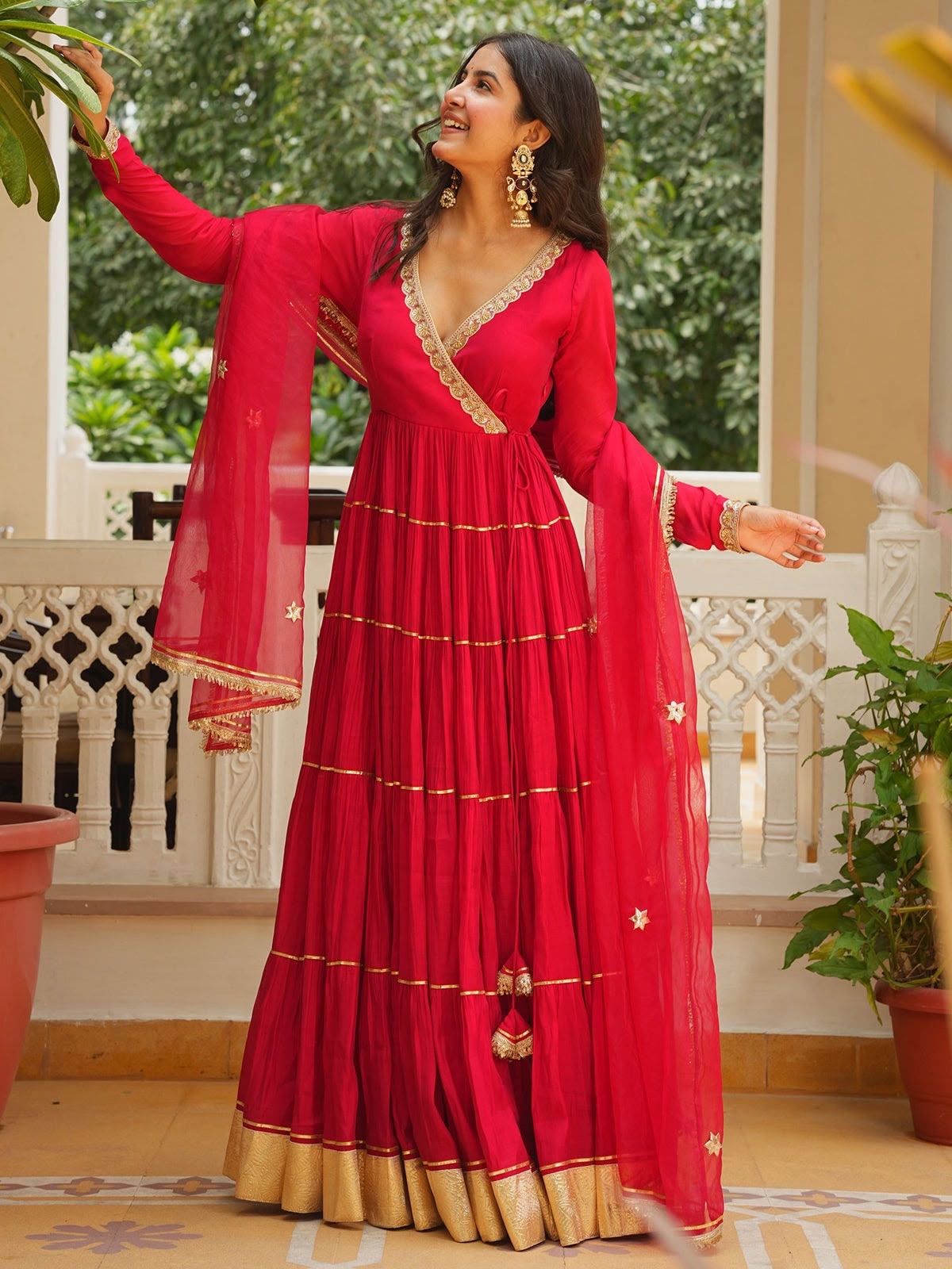 Red Beads Work Anarkali Suite