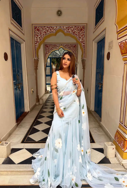 Floral Sky blue Fish cut lehenga saree with pearls work border