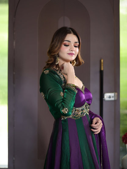 Striking purple and emerald green Anarkali