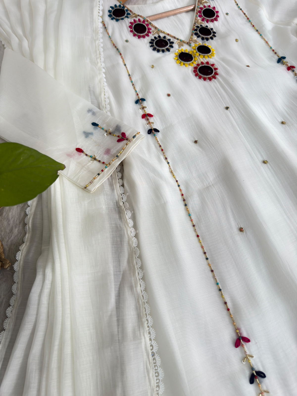White Chanderi Hand Work Suite For Women