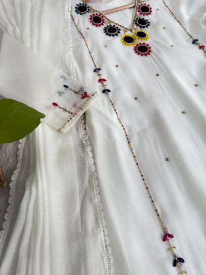 White Chanderi Hand Work Suite For Women