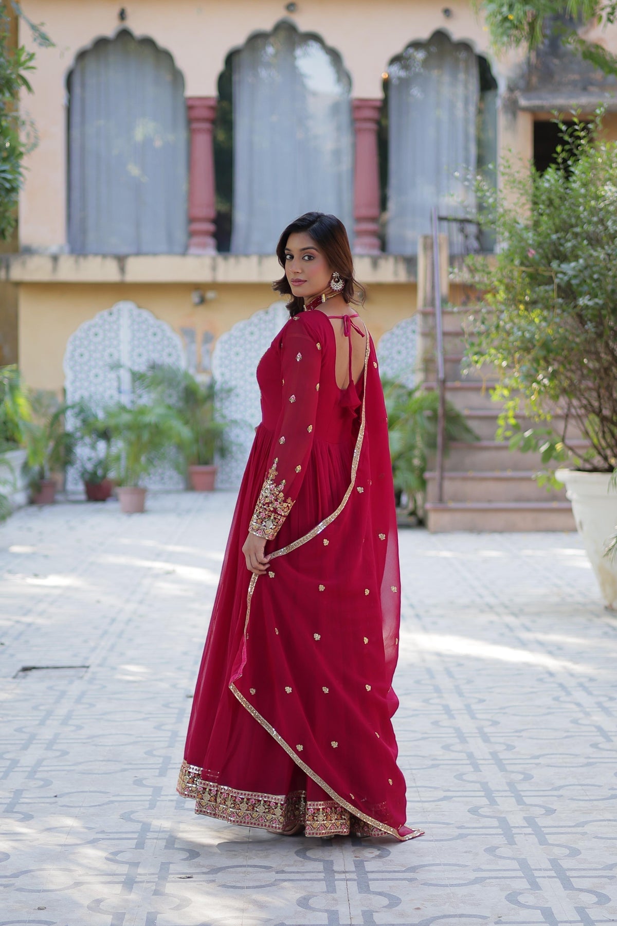 Maroon embroidered V-neck fit and flare maxi ethnic dress with a matching dupatta