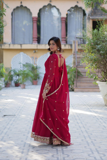 Maroon embroidered V-neck fit and flare maxi ethnic dress with a matching dupatta