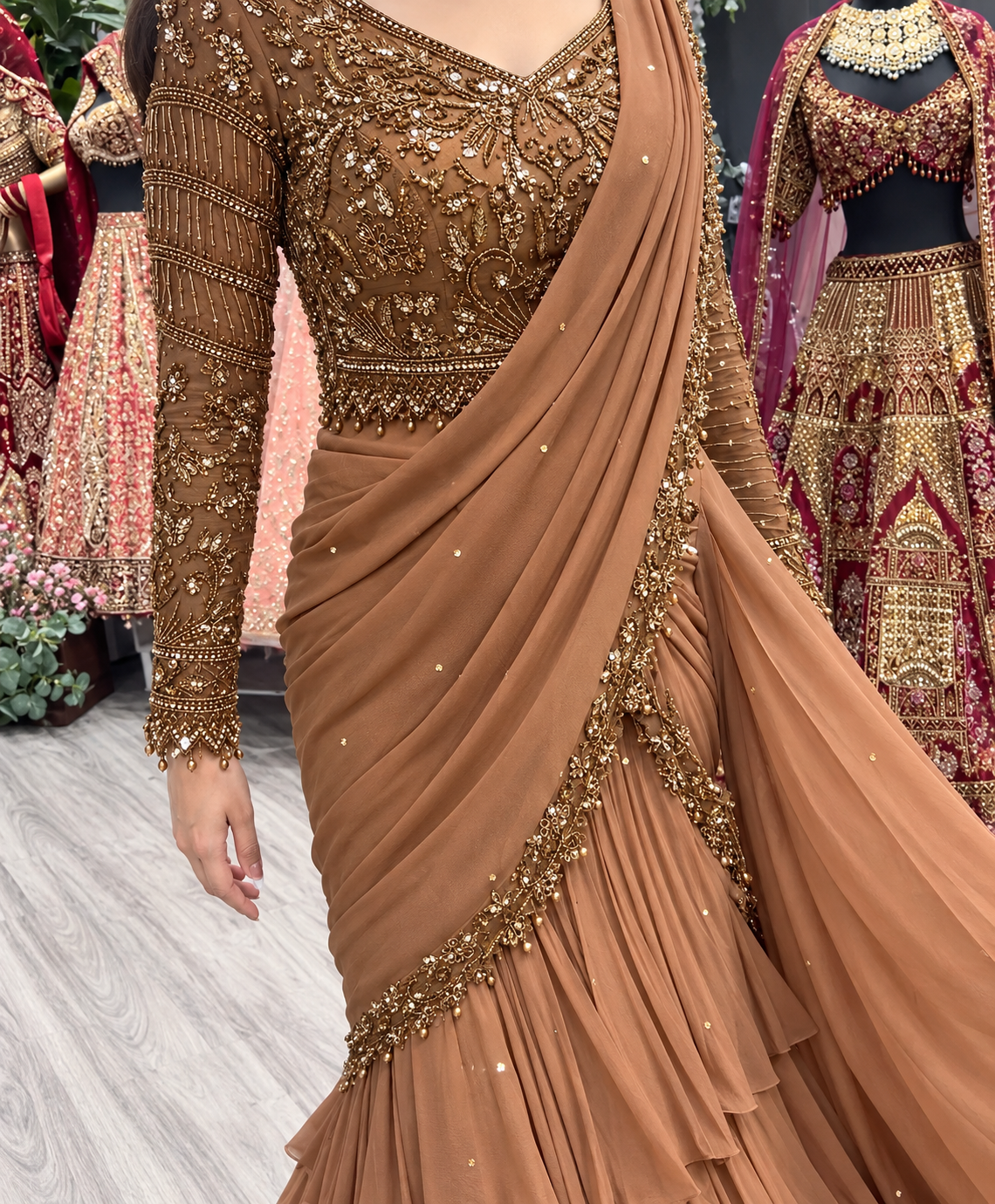 Stylish dusty brown ready-to-wear faux georgette lehenga saree