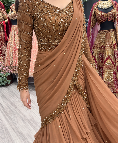 Stylish dusty brown ready-to-wear faux georgette lehenga saree