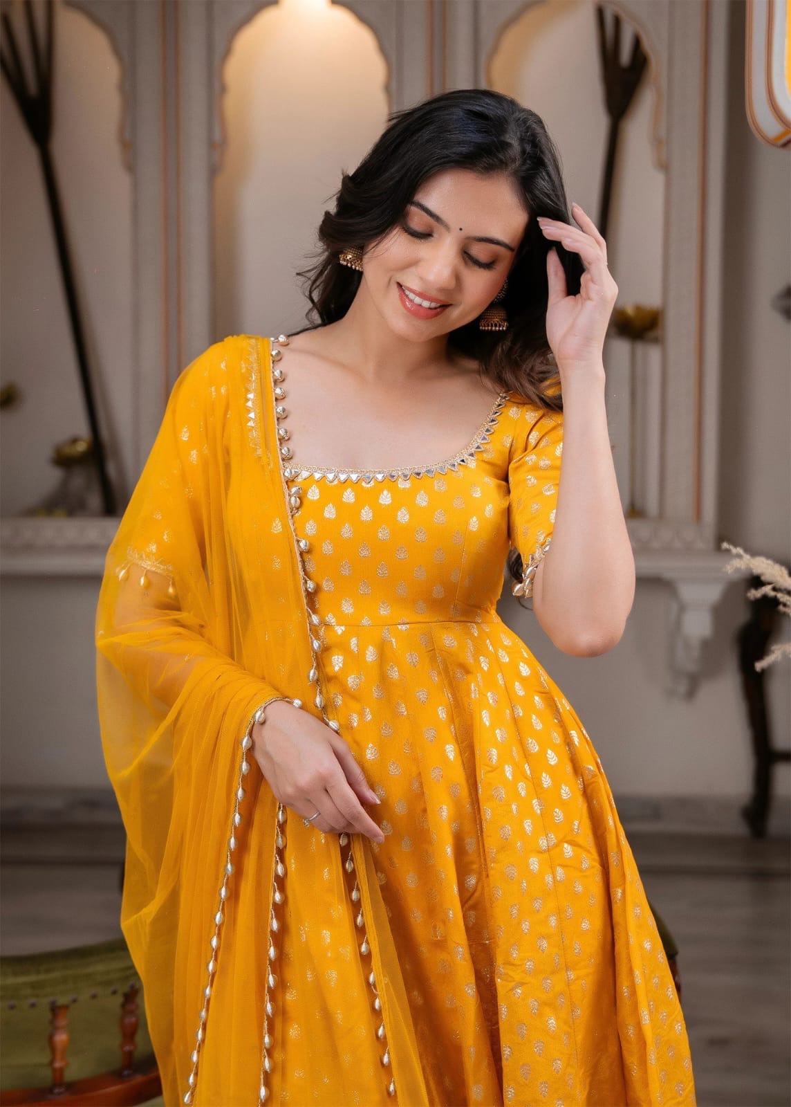 Chanderi Jacquard Butti Anarkali Kurta Set With Pant & Dupatta (Yellow)