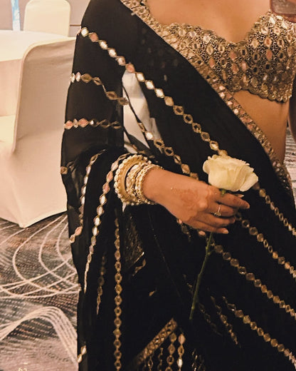 Black Real Mirror Fish Cut Lehenga Saree