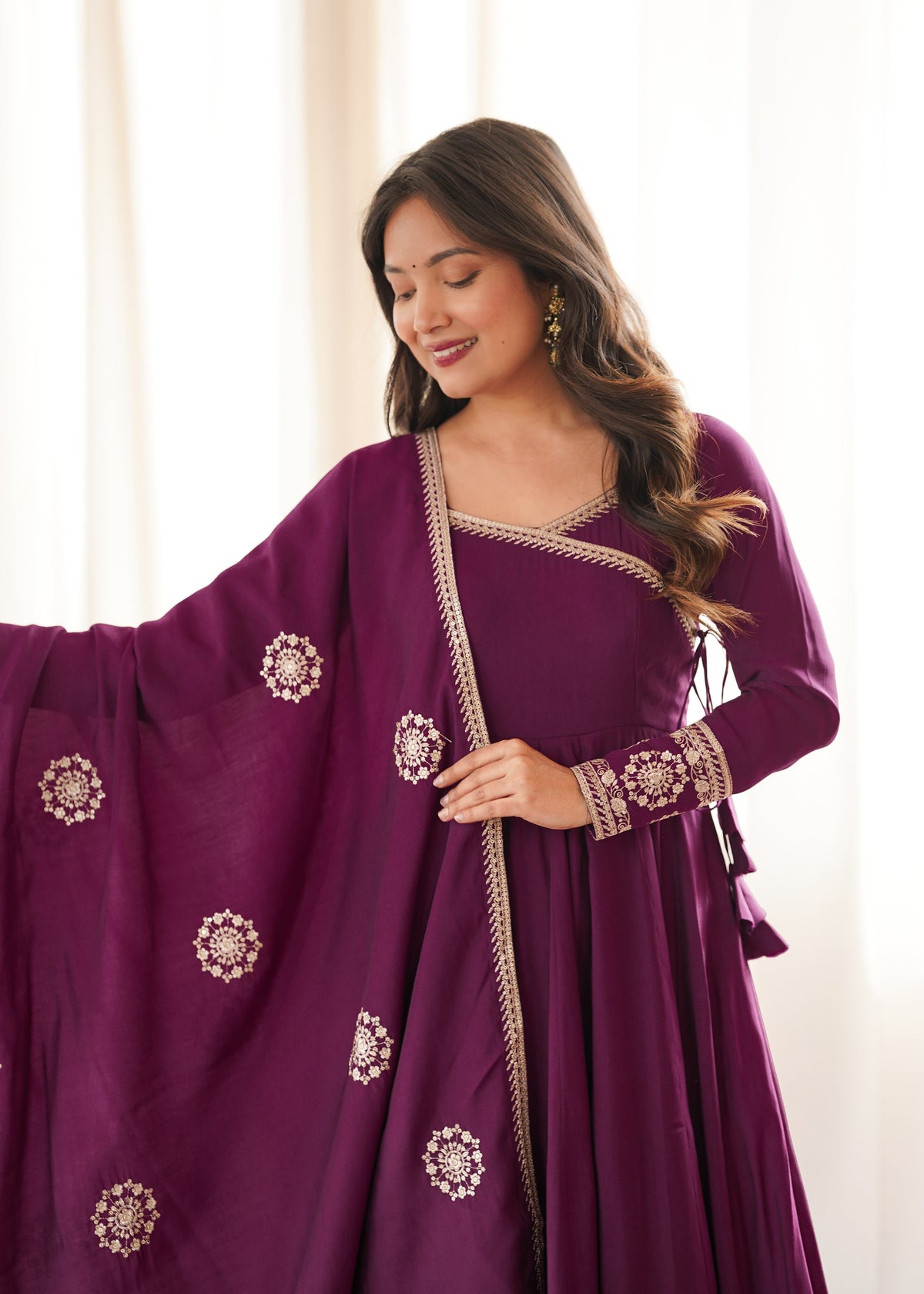 Rich wine-colored Chanderi silk Anarkali For Women's