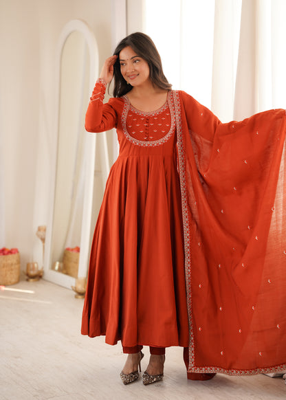 Rust Orange Anarkali set for Womens