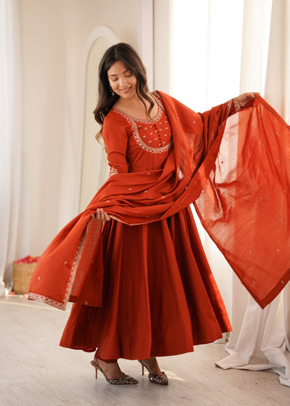Rust Orange Anarkali set for Womens